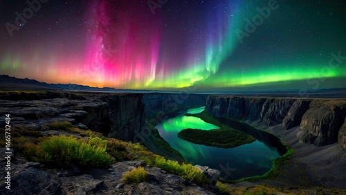 Wallpaper Mural Cosmic Contemplation: A Lone Figure Surrounded by an Aurora in an Alien Landscape, Ethereal Glow, Starry Sky, Vibrant Colors, Mystical Experience, Sci-Fi Atmosphere, Dreamlike Scene Torontodigital.ca