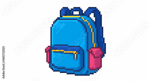 Pixel art illustration of a blue backpack with pink pockets and yellow zipper on a white background.
