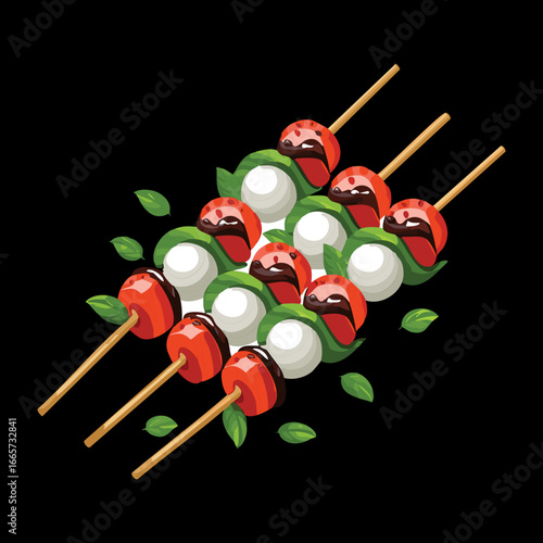 Watermelon and Mozzarella Caprese Skewers with Basil Leaves - Vector Illustration