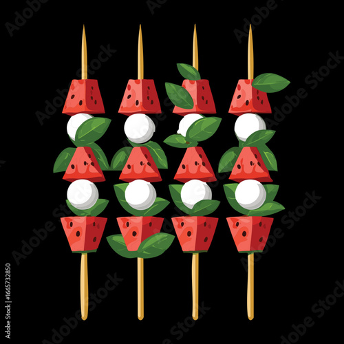 Appetizing Watermelon and Cheese Caprese Skewers with Fresh Basil - Vector Illustration