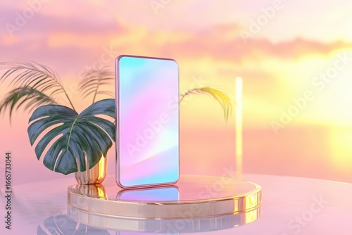 A modern, minimalist mobile phone display, featuring a gradient background, tropical foliage, and a golden pedestal, evokes a tranquil, idyllic mood.