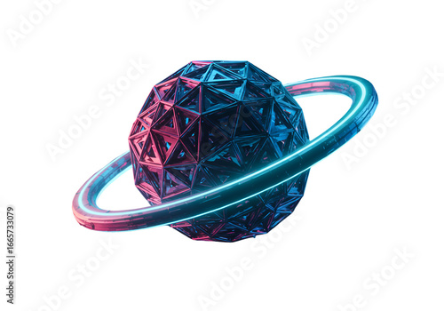 Abstract 3D Planet Illustration With Neon Blue And Red Glowing Ring And Isolated Black Background