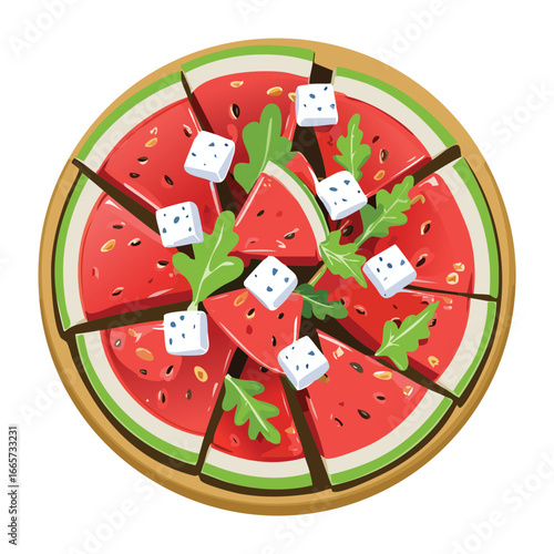 Delicious Watermelon Pizza Cut into Slices with Mint - Vector Illustration