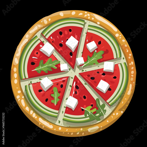 Sweet Watermelon Pizza with Feta Cheese and Herbs - Vector Illustration
