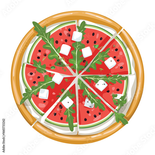 Delicious Watermelon Pizza Cut into Slices with Feta and Herbs - Vector Illustration