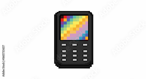 A retro pixel art mobile phone featuring a vibrant, rainbow-colored display and a classic keypad design.