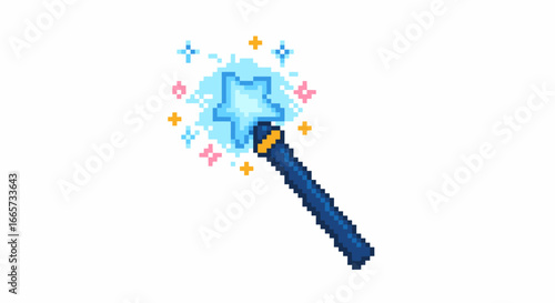 A vibrant pixel art magic wand featuring a glowing blue star and sparkling effects, perfect for fantasy themes.