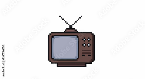 Pixel art illustration of a vintage brown television set with an antenna and blank screen.