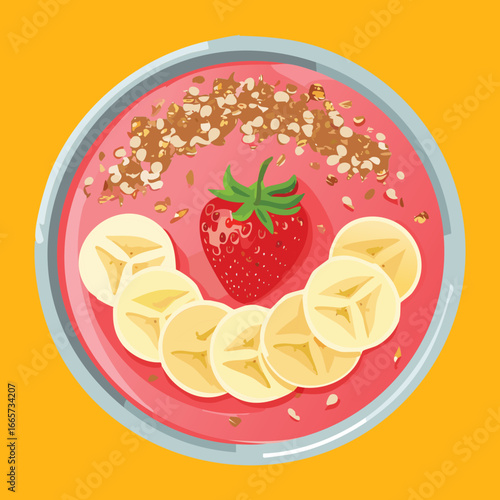 Top view of a healthy strawberry banana smoothie bowl with seeds - Vector Illustration