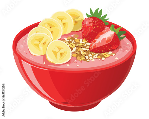 Healthy strawberry banana smoothie bowl with oats and seeds - Vector Illustration