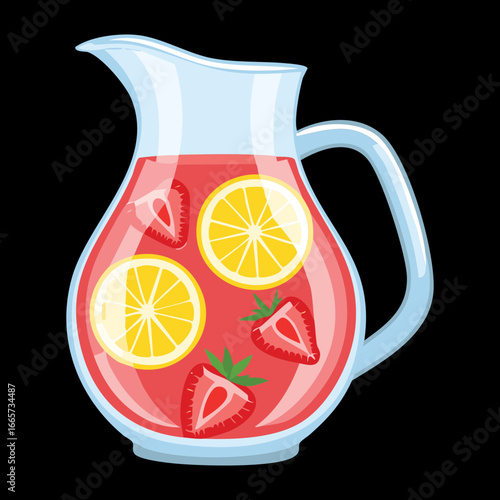 A Glass Pitcher Full of Strawberry Lemonade with Fresh Lemon Slices - Vector Illustration