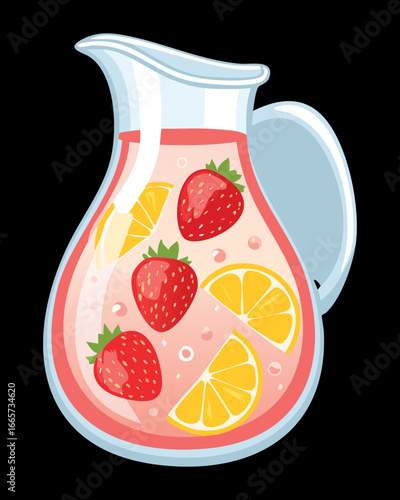Refreshing pitcher of homemade strawberry lemonade with fresh lemon and strawberry slices, cool summer drink - Vector Illustration