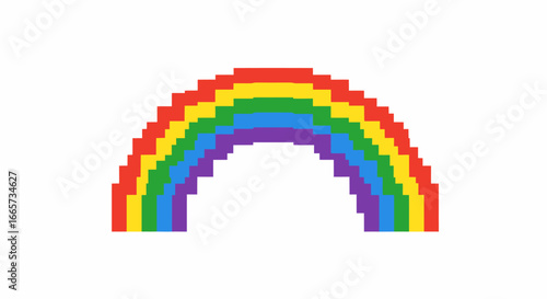 A vibrant pixel art rainbow with distinct color bands arching across a white background.