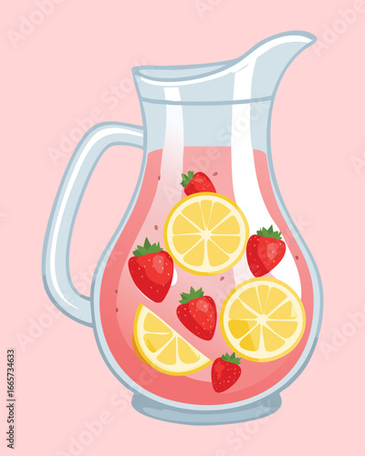 Refreshing pitcher of homemade strawberry lemonade with fresh fruit slices, perfect for a summer drink - Vector Illustration


