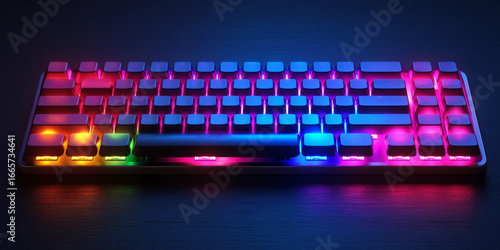 A gaming neon keyboard with vibrant, multi-colored RGB backlighting glowing in a dark setting. The image is a 3D digital rendering, ideal for websites or blogs about gaming, technology