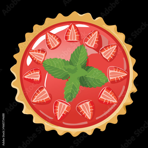Appetizing strawberry tart featuring perfectly fanned sliced strawberries and refreshing mint garnish, elegant treat - Vector Illustration