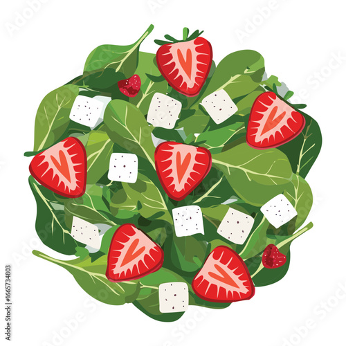  A healthy and vibrant salad with fresh strawberries, green spinach, and creamy crumbled feta cheese, light dish - Vector Illustration

