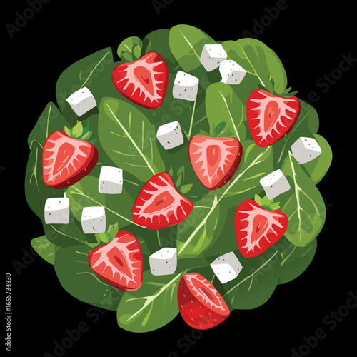 A colorful salad featuring fresh green spinach leaves, red strawberries, and white feta cheese, a light meal - Vector Illustration