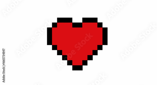 A vibrant red pixelated heart icon with a black outline, reminiscent of retro video games, centered on a clean white background.