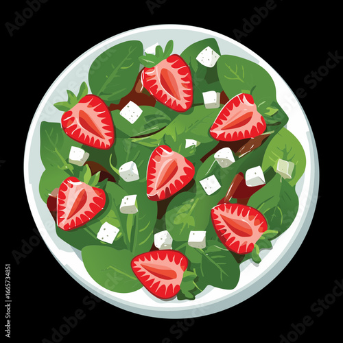 Delicious and healthy salad featuring sliced strawberries, green spinach leaves, and crumbled white feta cheese - Vector Illustration