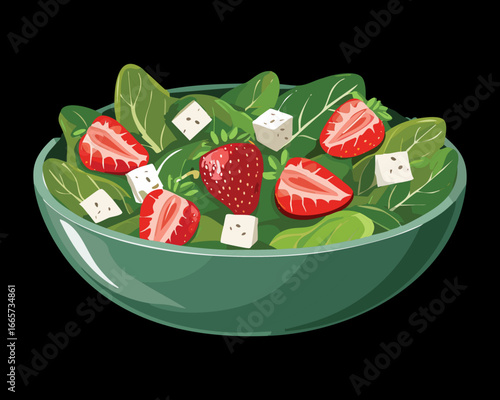  A refreshing bowl of strawberry and spinach salad with feta cheese, balsamic dressing, a delicious light meal - Vector Illustration