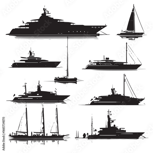 Vector illustration of yacht silhouette set, Black & White silhouette set