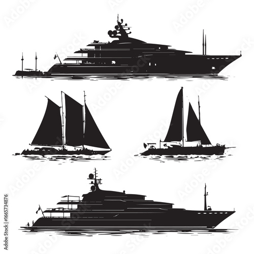 Vector illustration of yacht silhouette set, Black & White silhouette set