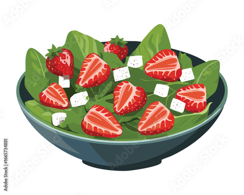 A colorful and healthy salad featuring sweet strawberries, green spinach, and creamy feta cheese - Vector Illustration