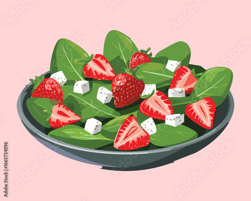 Healthy and refreshing strawberry and spinach salad with feta cheese, a delicious and light meal - Vector Illustration