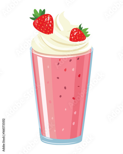  Delicious strawberry smoothie with a creamy texture, topped with a fresh strawberry and mint leaf - Vector Illustration