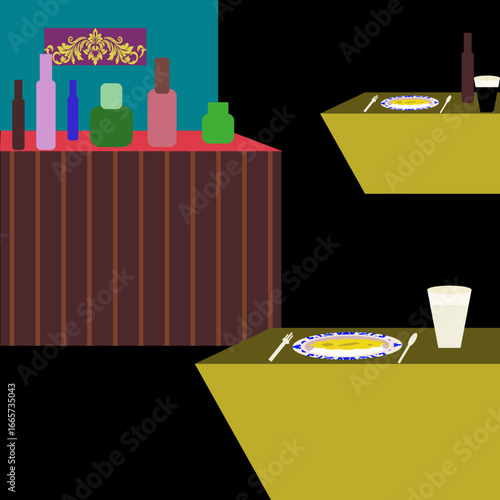 Minimal vector illustration of a dining table with plates and drinks in flat design, ideal for restaurant, dining, and lifestyle themes.