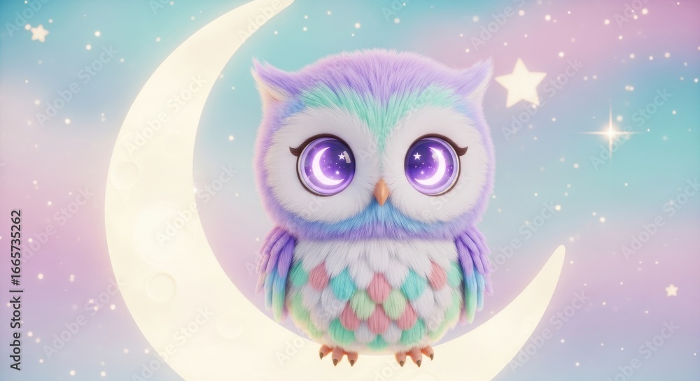 Obraz premium A cute owl with pastel colors, perched on a crescent moon with sparkling stars, against a dreamy, soft sky backdrop