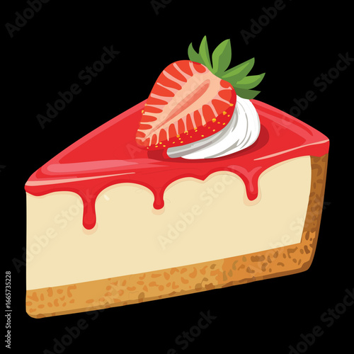 A slice of delicious strawberry cheesecake with fresh strawberries and whipped cream on top, a sweet and decadent dessert - Vector Illustration