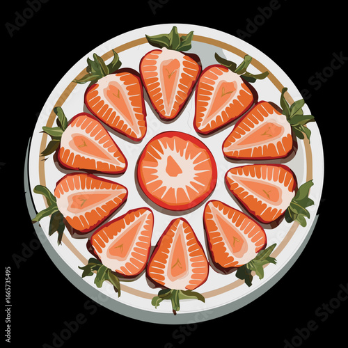 A Decorative Plate of Sliced Strawberries with Whole Berries in the Center, a Creative Food Presentation - Vector Illustration