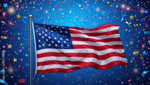 Celebrating American Patriotism: A Majestic US Flag Waves Amidst Festive Confetti and Stars