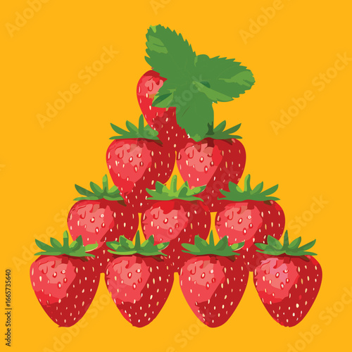 A Pyramid of Fresh Red Strawberries, Topped with a Single Mint Leaf, a Visually Appealing Food Display - Vector Illustration