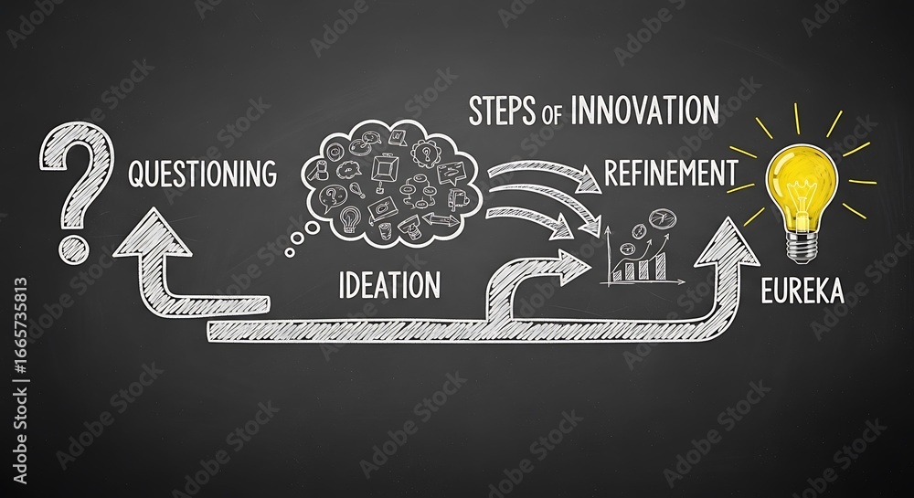 Naklejka premium Unlock breakthrough innovation with a clear process from questioning to refinement for ultimate eureka moments
