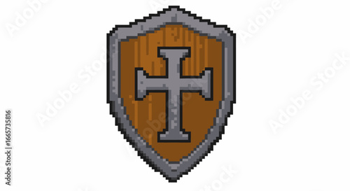 Pixel art wooden shield with a grey cross, featuring a medieval or fantasy game aesthetic.