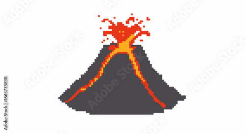 Pixel art illustration of an erupting volcano with molten lava flowing down its dark grey slopes and bursting from the crater.