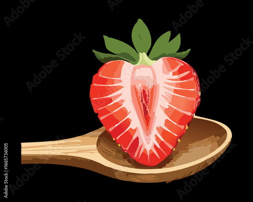 A Ripe Red Strawberry Sliced in Half, Resting on a Wooden Spoon, Perfect for a Delicious Healthy Snack - Vector Illustration