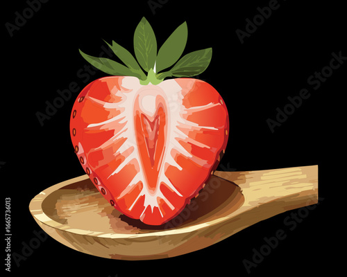 Half a Juicy Red Strawberry Resting on a Simple Wooden Spoon, an Image of Fresh and Natural Fruit - Vector Illustration