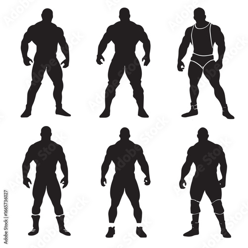 Vector illustration of wrestler silhouette set, Black & White silhouette set