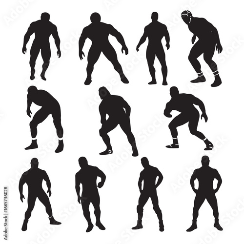 Vector illustration of wrestler silhouette set, Black & White silhouette set