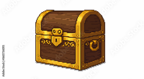 A pixel art illustration of a classic wooden treasure chest with golden metal details and a prominent lock.