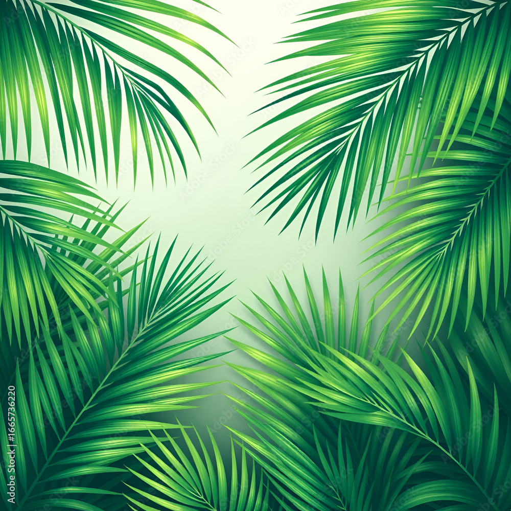 Fototapeta premium Vector green tropical background with palm leaves for decor, covers, backgrounds, wallpapers
