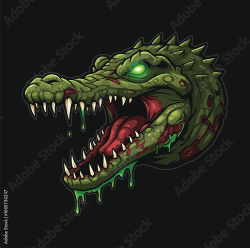 A snarling, undead crocodile head, dripping green slime, detailed vector art.