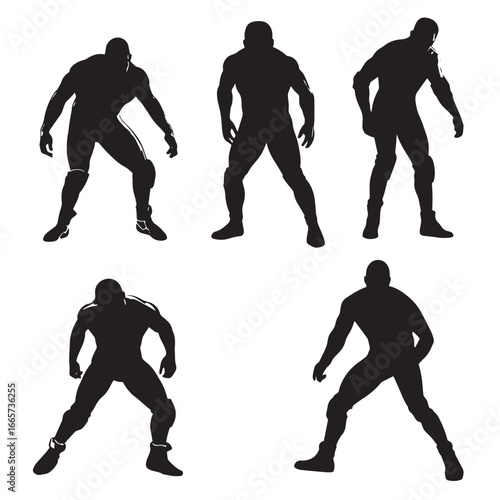 Vector illustration of wrestler silhouette set, Black & White silhouette set