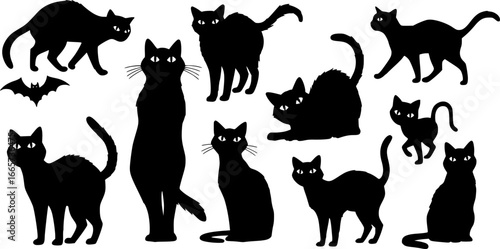 collection of spooky black cat silhouettes in halloween style isolated on white background
