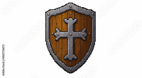 A detailed pixel art illustration of a medieval wooden shield with a metallic border and a prominent cross emblem.