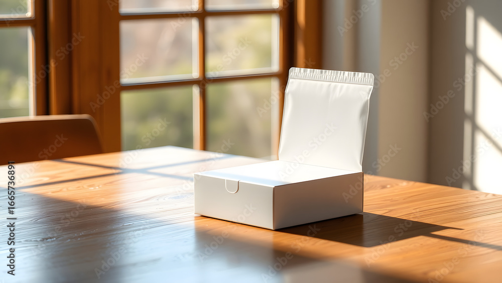 Fototapeta premium A Simple White Box Sitting on a Wooden Table with Natural Light from a Window